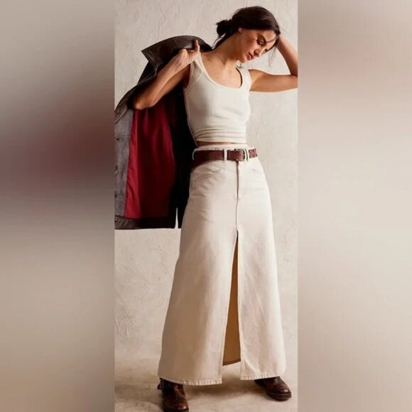 Free People We The Free Come As You Are Denim Maxi Skirt NWT Wisp Ivory Sz 4 - Picture 1 of 9